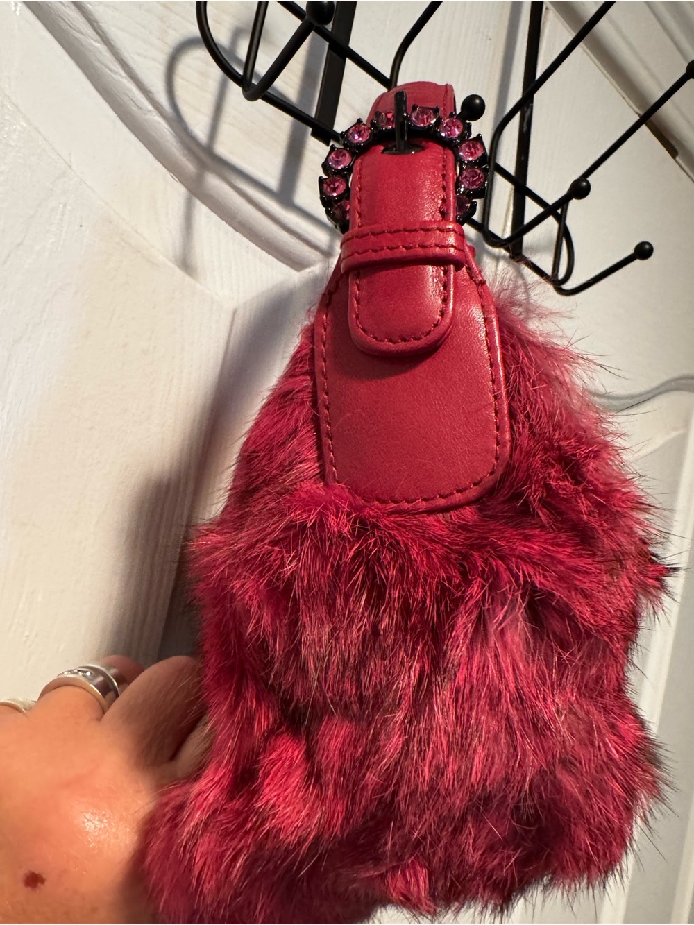 Vintage Isabella Fiore Y2K Rabbit Fur Rhinestone Mini Bag - Picture 5 of 9
